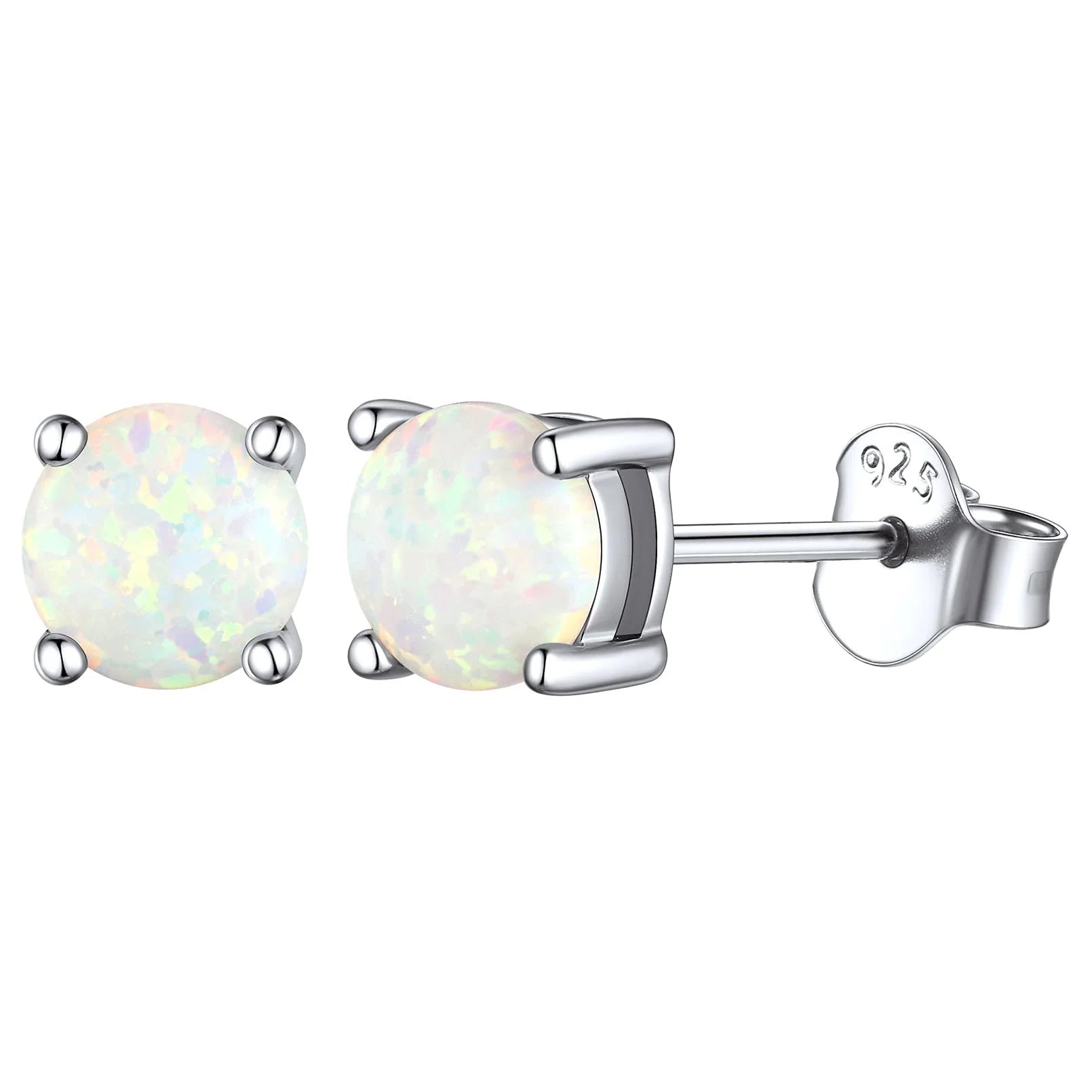 5Mm Created White Opal Stud Earrings Hypoallergenic Sterling Silver round Cut Earrings for Women October Birthstone Jewelry